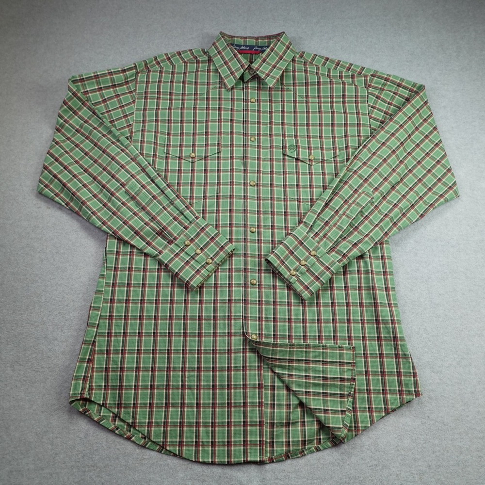 George Strait Shirt Mens Large Green Plaid Western Pearl Snap Cowboy